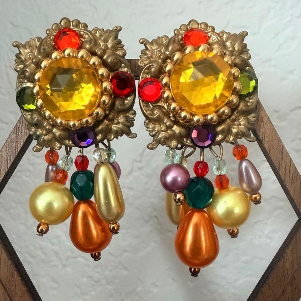 Toney & Romelda Vintage Rhinestone Faux Pearl Chandelier Clip On Earrings
